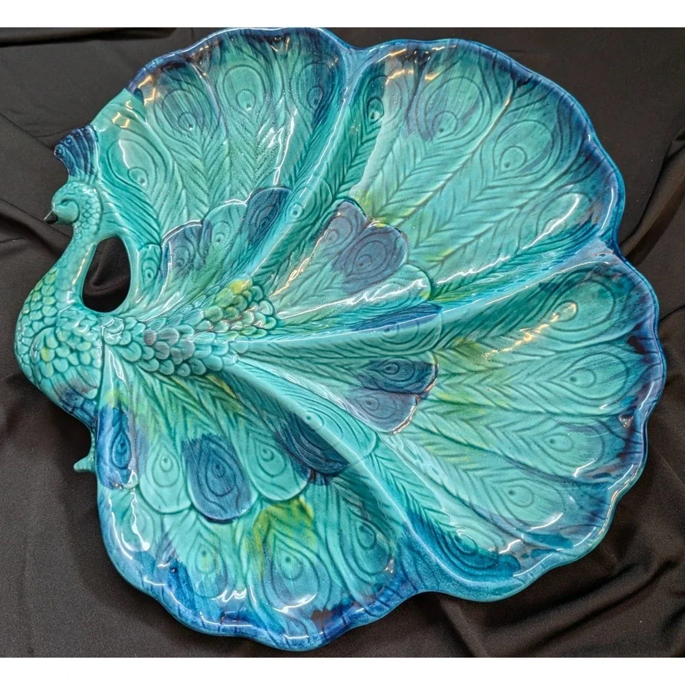 VTG 1970's Enesco Peacock Ceramic Divided Serving Platter E-8275 Japan Pristine